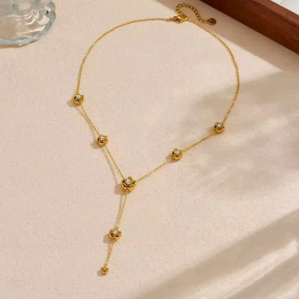 ​18k Gold Plated Rose Lariat Necklace 316L Stainless Steel Floral Zircon Jewel